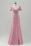 Pink Sheath Off The Shoulder Ruched Floor Length Bridesmaid Dress with Slit