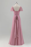 Pink Sheath Off The Shoulder Ruched Floor Length Bridesmaid Dress with Slit