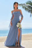 Grey Blue A-Line Cold Shoulder Ruched Chiffon Long Bridesmaid Dress with Slit