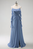 Grey Blue A Line Spaghetti Straps Pleated Chiffon Long Bridesmaid Dress with Slit