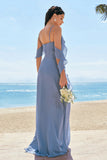 Grey Blue A-Line Cold Shoulder Ruched Chiffon Long Bridesmaid Dress with Slit