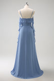 Grey Blue A Line Spaghetti Straps Pleated Chiffon Long Bridesmaid Dress with Slit