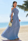 Grey Blue A-Line Cold Shoulder Ruched Chiffon Long Bridesmaid Dress with Slit