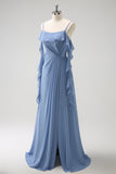 Grey Blue A Line Spaghetti Straps Pleated Chiffon Long Bridesmaid Dress with Slit