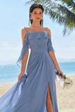 Grey Blue A-Line Cold Shoulder Ruched Chiffon Long Bridesmaid Dress with Slit