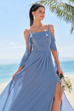 Grey Blue A-Line Cold Shoulder Ruched Chiffon Long Bridesmaid Dress with Slit