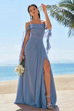 Grey Blue A-Line Cold Shoulder Ruched Chiffon Long Bridesmaid Dress with Slit