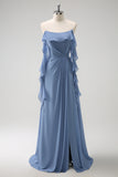 Grey Blue A Line Spaghetti Straps Pleated Chiffon Long Bridesmaid Dress with Slit