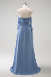 Grey Blue A Line Spaghetti Straps Pleated Chiffon Long Bridesmaid Dress with Slit