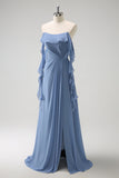 Grey Blue A Line Spaghetti Straps Pleated Chiffon Long Bridesmaid Dress with Slit