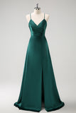 Dark Green A Line Spaghetti Straps Pleated Floor Length Satin Bridesmaid Dress with Slit