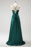 Dark Green A Line Spaghetti Straps Pleated Floor Length Satin Bridesmaid Dress with Slit