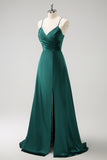 Dark Green A Line Spaghetti Straps Pleated Floor Length Satin Bridesmaid Dress with Slit