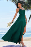 Elegant Dark Green A-Line Spaghetti Straps Satin Long Bridesmaid Dress with Slit