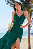 Elegant Dark Green A-Line Spaghetti Straps Satin Long Bridesmaid Dress with Slit