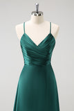 Dark Green A Line Spaghetti Straps Pleated Floor Length Satin Bridesmaid Dress with Slit