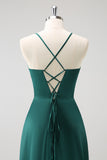 Dark Green A Line Spaghetti Straps Pleated Floor Length Satin Bridesmaid Dress with Slit