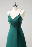 Dark Green A Line Spaghetti Straps Pleated Floor Length Satin Bridesmaid Dress with Slit