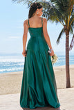 Dark Green A-Line Spaghetti Straps Ruched Satin Long Bridesmaid Dress