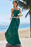 Dark Green A-Line Spaghetti Straps Ruched Satin Long Bridesmaid Dress