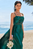 Dark Green A-Line Spaghetti Straps Ruched Satin Long Bridesmaid Dress