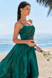 Dark Green A-Line Spaghetti Straps Ruched Satin Long Bridesmaid Dress