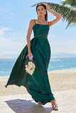 Dark Green A-Line Spaghetti Straps Ruched Satin Long Bridesmaid Dress