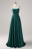 Dark Green A Line Spaghetti Straps Ruched Satin Bridesmaid Dress