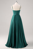 Dark Green A Line Spaghetti Straps Ruched Satin Bridesmaid Dress