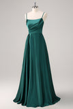 Dark Green A Line Spaghetti Straps Ruched Satin Bridesmaid Dress