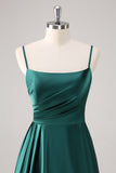 Dark Green A Line Spaghetti Straps Ruched Satin Bridesmaid Dress