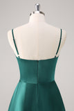 Dark Green A Line Spaghetti Straps Ruched Satin Bridesmaid Dress