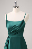 Dark Green A Line Spaghetti Straps Ruched Satin Bridesmaid Dress