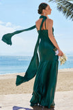 Mermaid Halter Floor Length Satin Dark Green Long Bridesmaid Dress