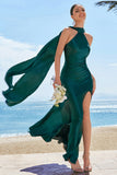 Mermaid Halter Floor Length Satin Dark Green Long Bridesmaid Dress