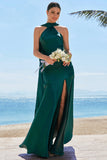 Mermaid Halter Floor Length Satin Dark Green Long Bridesmaid Dress