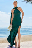 Mermaid Halter Floor Length Satin Dark Green Long Bridesmaid Dress