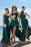 Mermaid Halter Floor Length Satin Dark Green Long Bridesmaid Dress