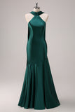 Dark Green Mermaid Halter Floor Length Satin Bridesmaid Dress