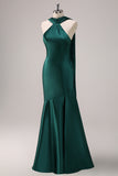 Dark Green Mermaid Halter Floor Length Satin Bridesmaid Dress