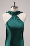 Dark Green Mermaid Halter Floor Length Satin Bridesmaid Dress