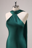 Dark Green Mermaid Halter Floor Length Satin Bridesmaid Dress