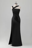 Black Mermaid Pleated Satin Floor Length Bridesmaid Dress with Slit