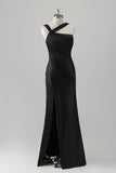 Black Mermaid Pleated Satin Floor Length Bridesmaid Dress with Slit