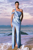 Sky Blue Mermaid Cold Shoulder Pleated Satin Long Bridesmaid Dress with Slit