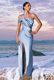 Sky Blue Mermaid Cold Shoulder Pleated Satin Long Bridesmaid Dress with Slit