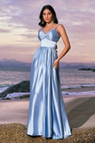 Sky Blue A-Line Spaghetti Straps Ruched Floor Length Bridesmaid Dress with Slit