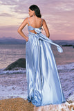 Sky Blue A-Line Spaghetti Straps Ruched Floor Length Bridesmaid Dress with Slit