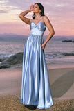 Sky Blue A-Line Spaghetti Straps Ruched Floor Length Bridesmaid Dress with Slit