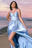 Sky Blue A-Line Spaghetti Straps Ruched Floor Length Bridesmaid Dress with Slit